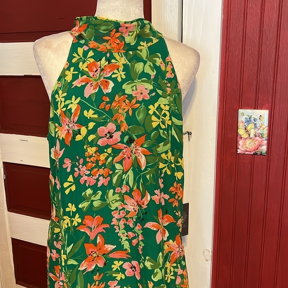 NWT Vince Camuto $128 Green Floral Sleeveless High Tie Neck Chiffon Dress 14 - Picture 5 of 8